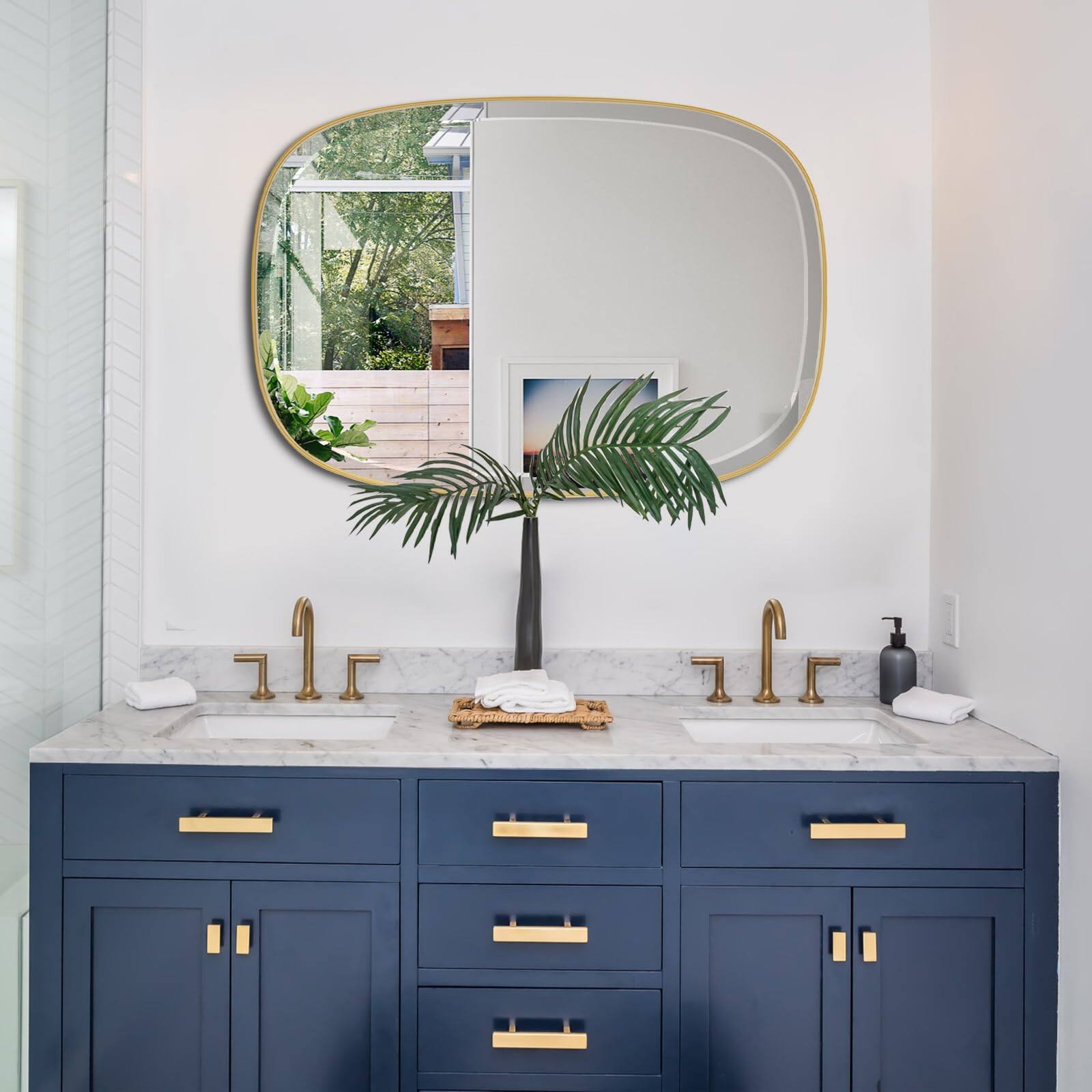 Back. Empire DigiLabs - Brushed Mirror Brass Beveled Mirrors For Bathroom Rounded Rectangle Modern Vanity Wall In Stainless Steel F - Black Arch 38"L x 24"W.
