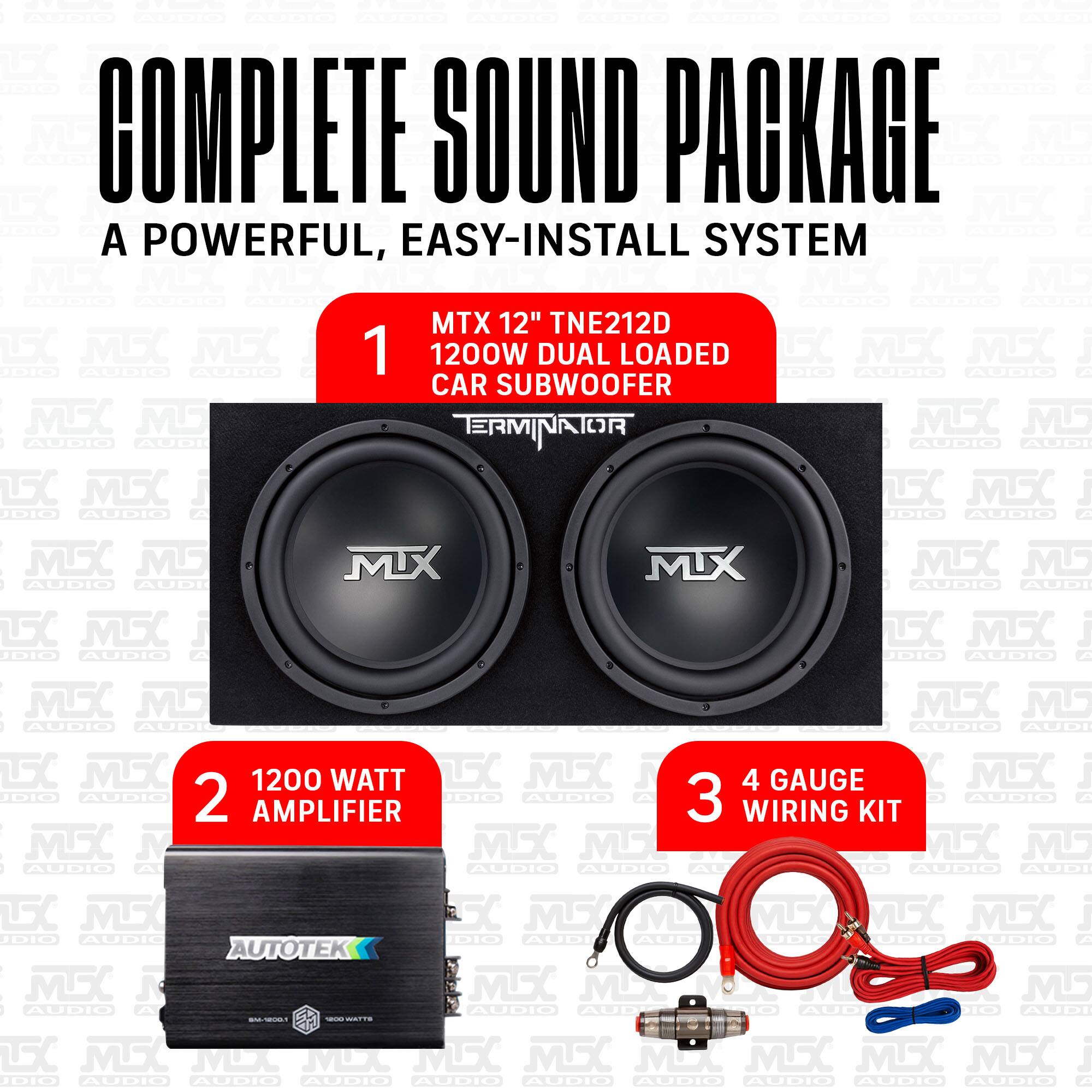 COMPLETE SOUND PACKAGE  
A POWERFUL, EASY-INSTALL SYSTEM

1. MTX 12" TNE212D  
   1200W DUAL LOADED CAR SUBWOOFER

2. 1200 WATT AMPLIFIER

3. 4 GAUGE WIRING KIT