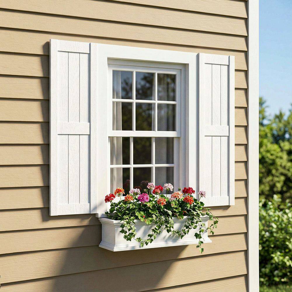 Alt View 1. Kadyn - Vertical Grain Faux Shutters, Weather-Resistant Elegance, for Enhanced Curb Appeal, 14"x31", White - White.