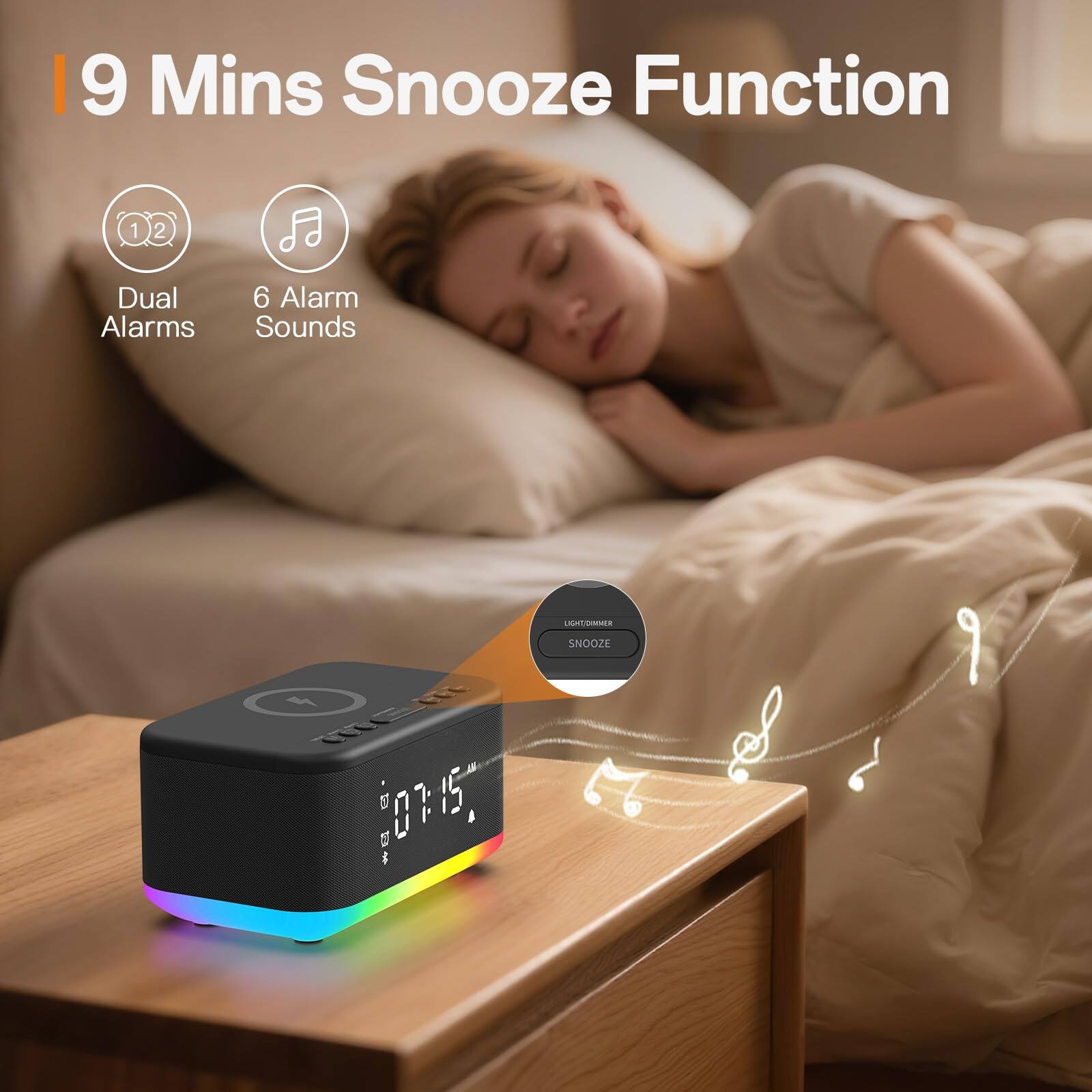 9 Mins Snooze Function

- Dual Alarms
- 6 Alarm Sounds

LIGHTTIMER SNOOZE