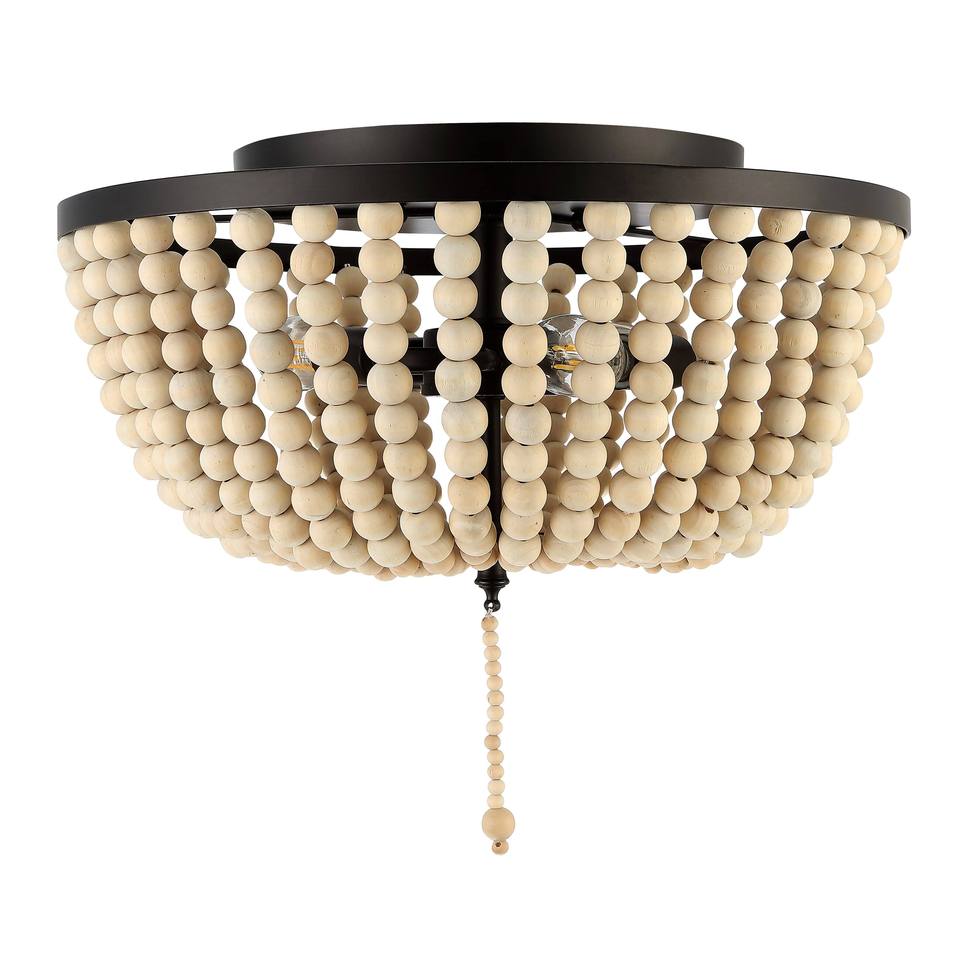 Alt View 7. Jonathan Y - Allison 15" 3-Light Shabby Chic Farmhouse Wood Beaded/Metal LED Flush Mount, Oil Rubbed Bronze/Cream - Oil Rubbed Bronze/Cream.