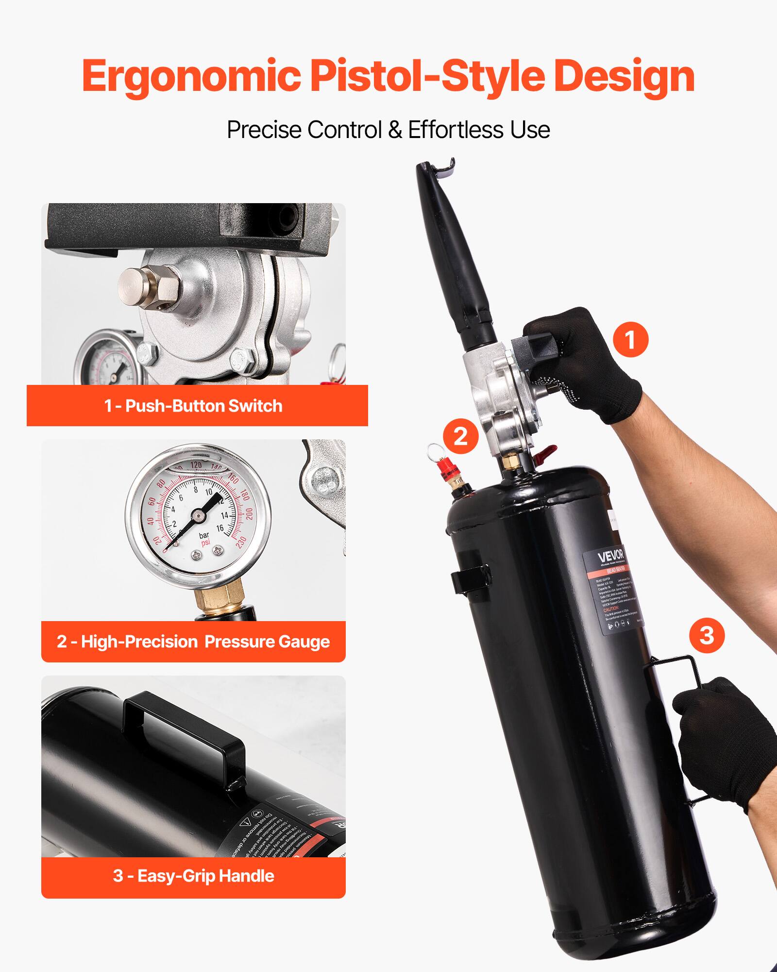 Ergonomic Pistol-Style Design  
Precise Control & Effortless Use  

1 - Push-Button Switch  
2 - High-Precision Pressure Gauge  
3 - Easy-Grip Handle