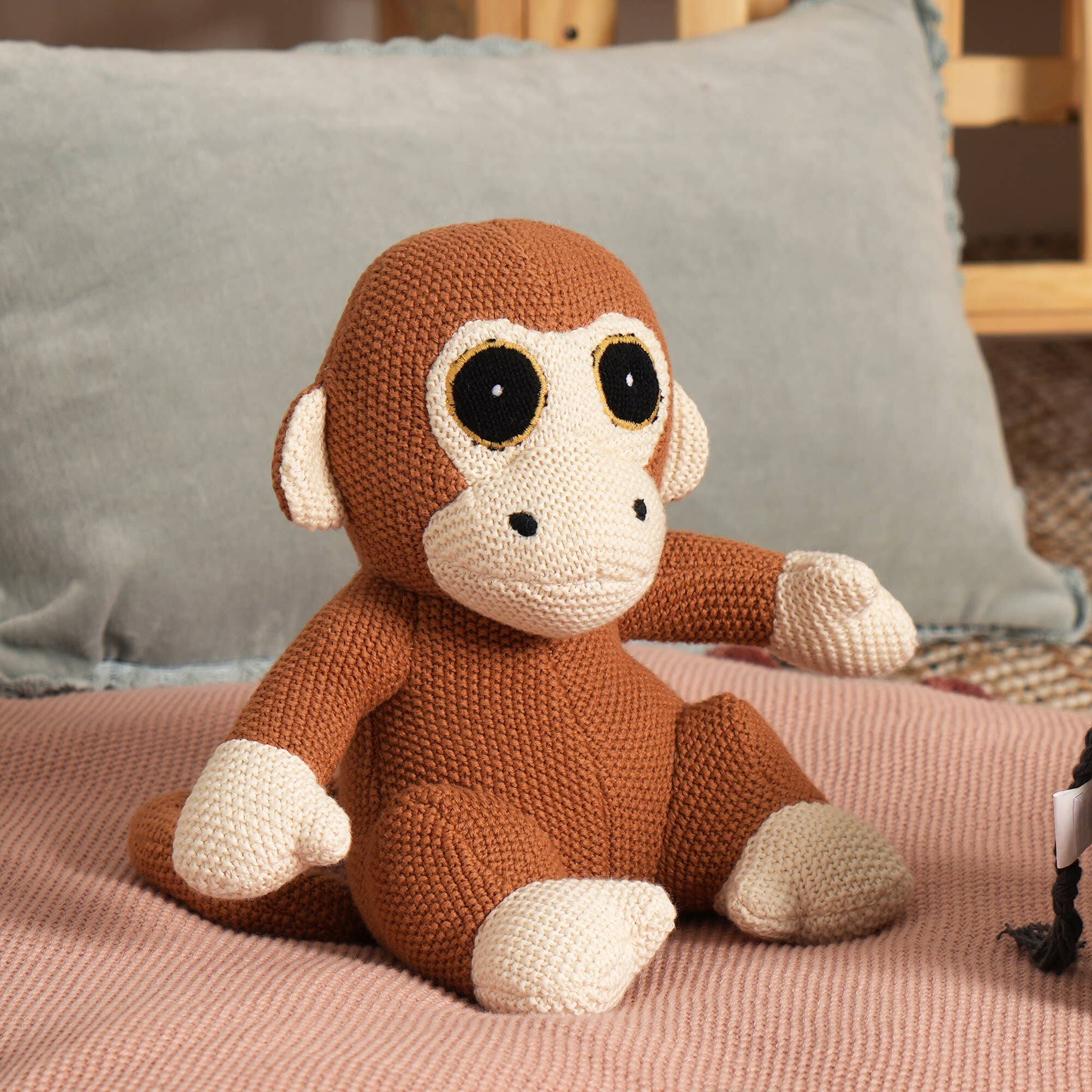 Left. Siljoy - Handcrafted Cotton Knitted Monkey Plush Toy, 22x26cm, Soft, Eco-Friendly, Gift for All Ages - Apricot Brown.