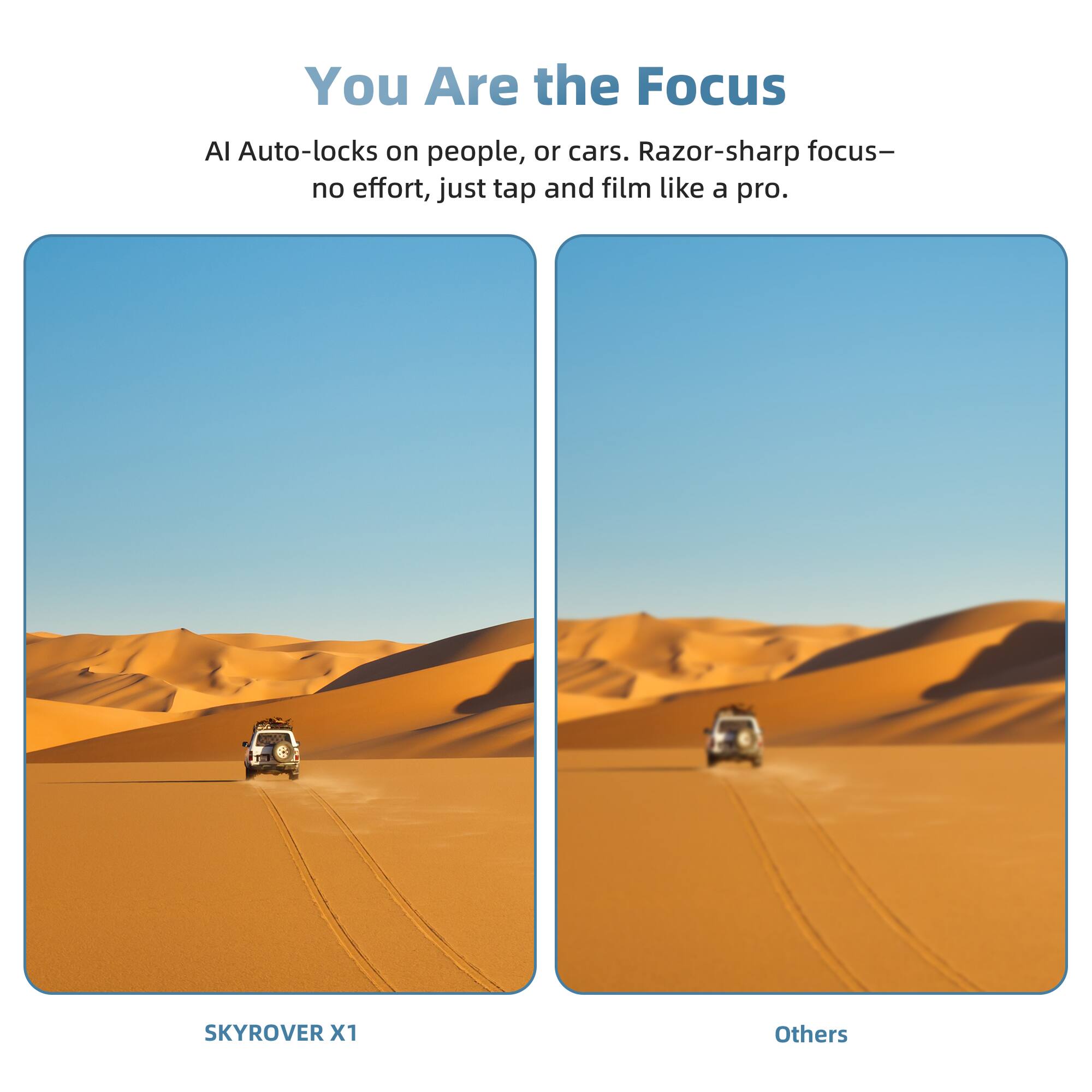 You Are the Focus

AI Auto-locks on people, or cars. Razor-sharp focus—no effort, just tap and film like a pro.

SKYROVER X1

Others