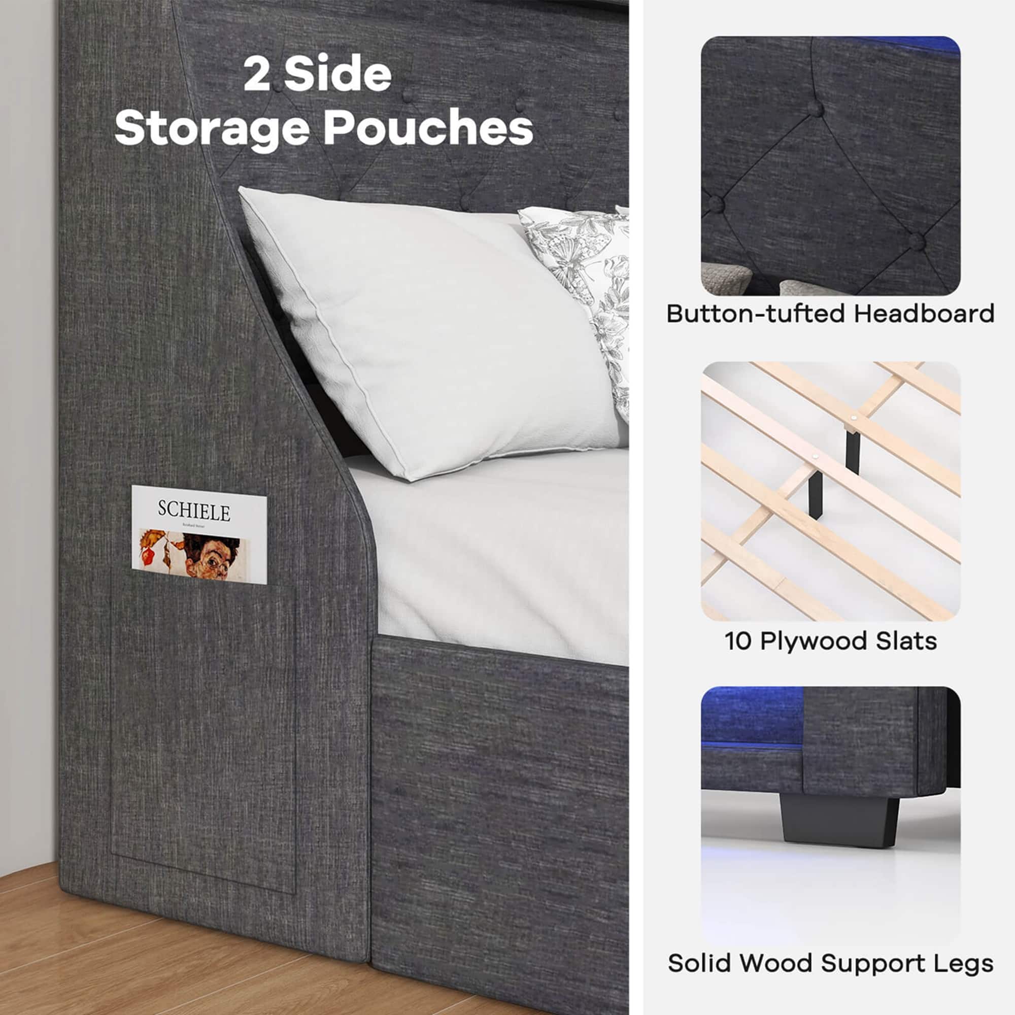 2 Side Storage Pouches Button-tufted Headboard SCHIELE 10 Plywood Slats Solid Wood Support Legs