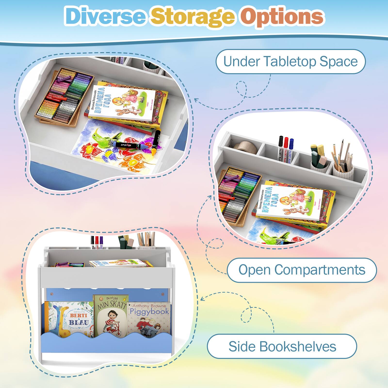Diverse Storage Options

- Under Tabletop Space
- Open Compartments
- Side Bookshelves