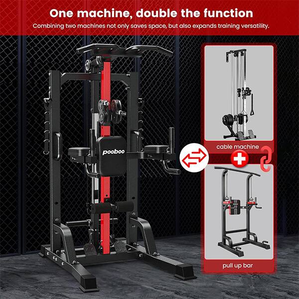 One machine, double the function  
Combining two machines not only saves space, but also expands training versatility.  
pooboo cable machine + S pull up bar