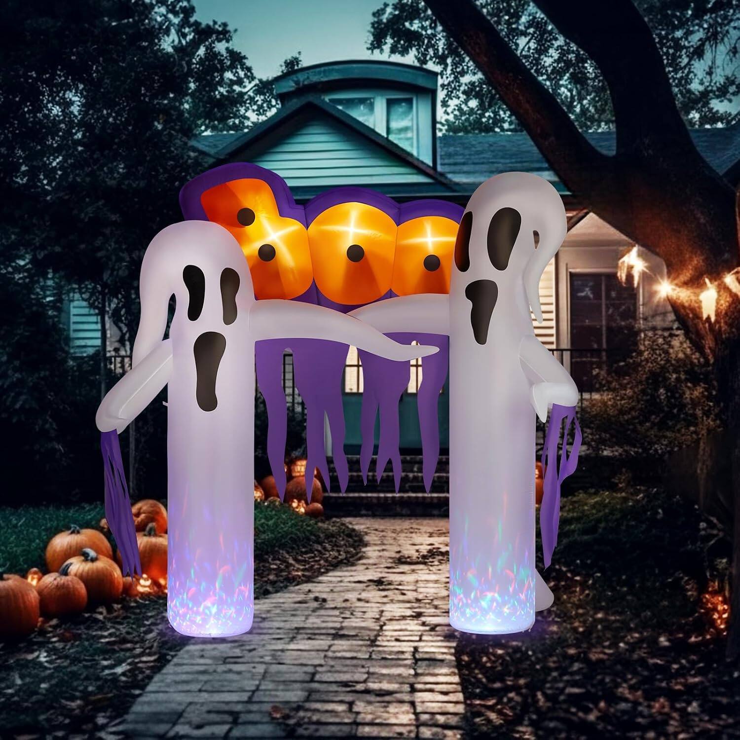 Front. Winado - 10FT Halloween Inflatable Ghost with Pumpkin Arch Decoration, Build-in LED Light Holiday Blow Up for Outdoor Indoor Lawn - White & Purple.