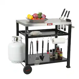 FEASTO - 3-Shelf Outdoor Grill Cart with Wheels, Pizza Oven Stand, Movable Cooking Station for BBQ, Griddle, and Outdoor Prep - Black