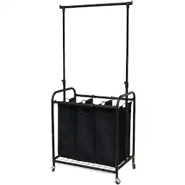 Hivvago - Bronze 3-Bag Laundry Sorter Hamper with Adjustable Clothes Hanging Bar - Black