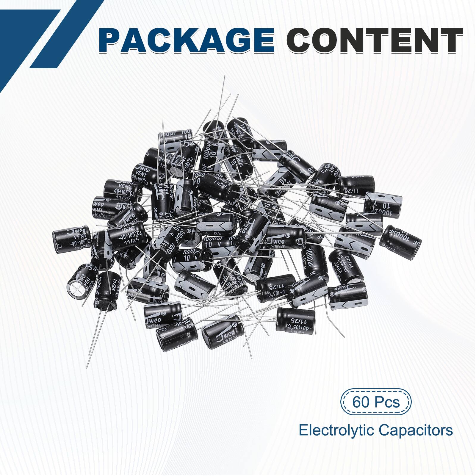 PACKAGE CONTENT

60 Pcs Electrolytic Capacitors

- 40+105C
- 1000µF
- 10V
- 11/25
- 200mF
- 1000µF
- 10V
- 11/25
- 55000
- 11/25
- 1000µF
- 10V
- 11/25
- 40+105C