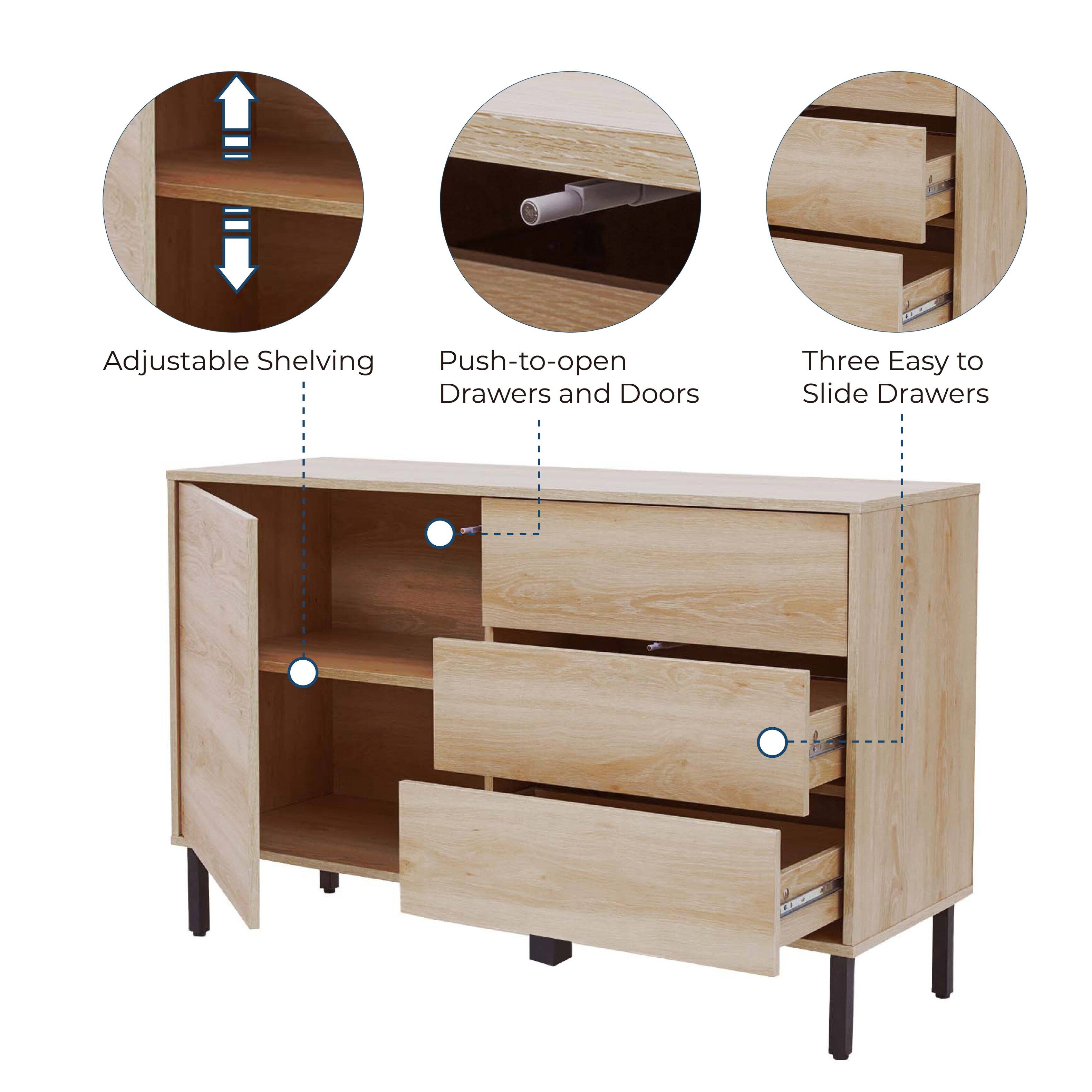 Adjustable Shelving, Push-to-open Drawers and Doors, Three Easy to Slide Drawers