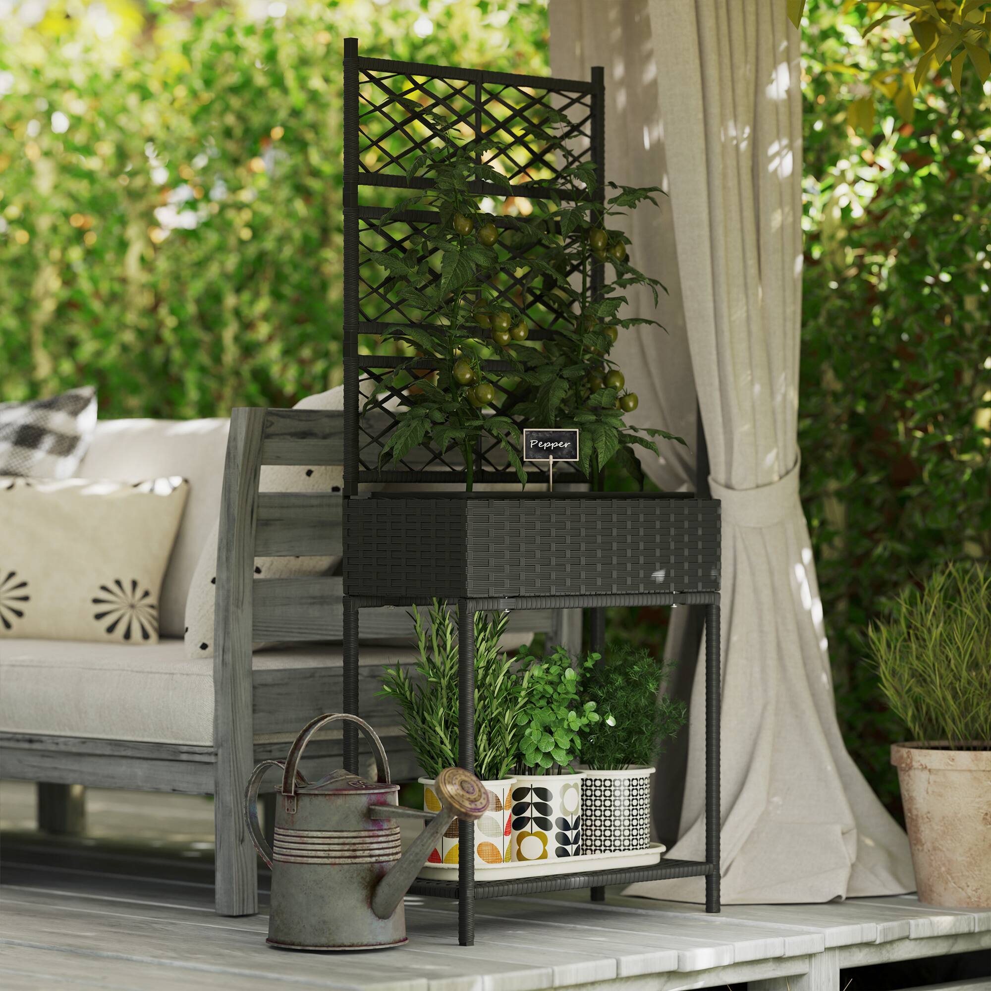 Alt View 1. Outsunny - Raised Garden Bed with Trellis, Outdoor Wicker Planter, Freestanding Rattan Planter Stand with Storage Shelf - Black.
