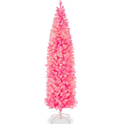Front. Best Choice Products - Best Choice Products 12ft Pre-Lit Pink Artificial Christmas Tree, Holiday Pencil Tree w/ 900 Warm White Lights, Stand - Pink.