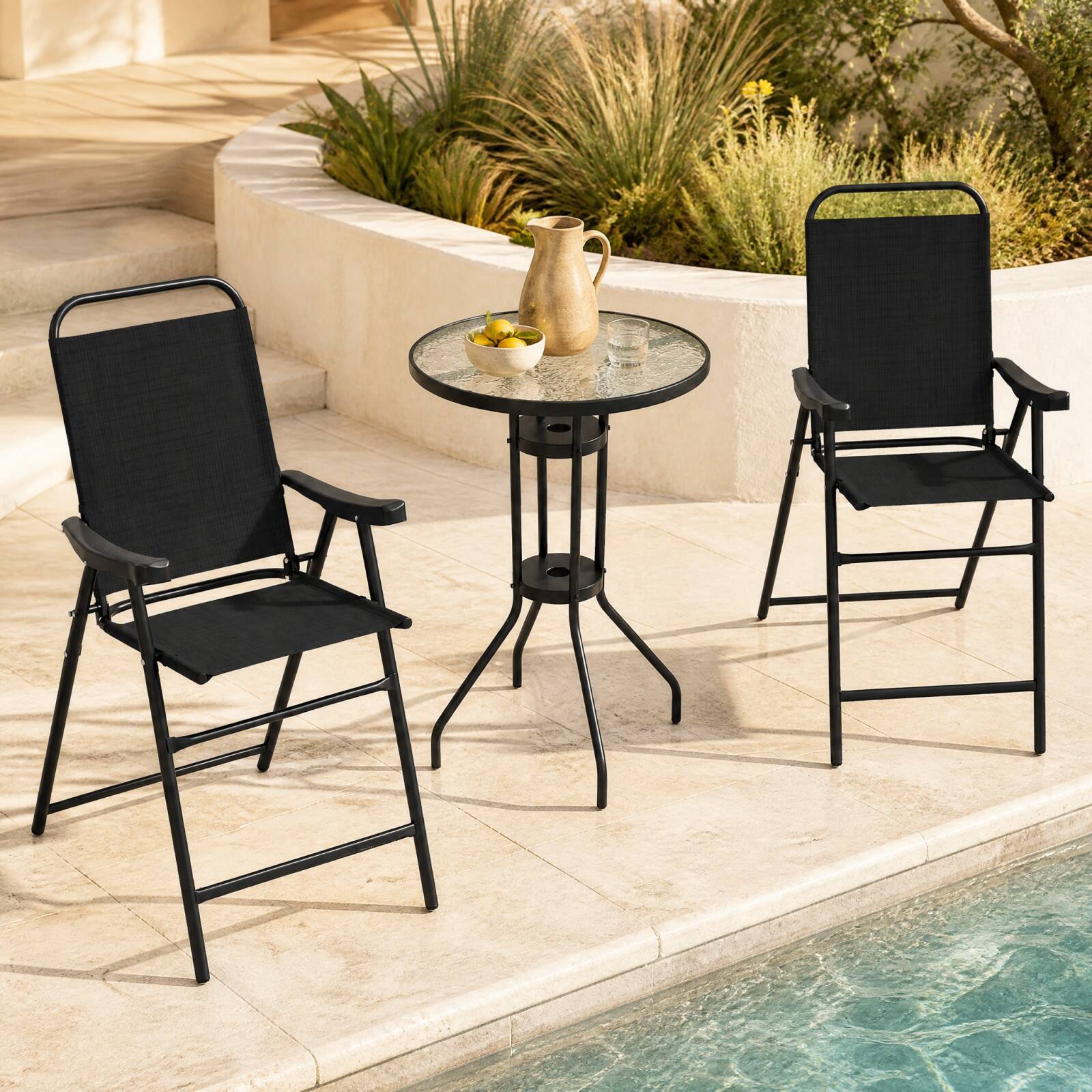Alt View 4. Gymax - Gymax 4PCS Patio Bar Chair Folding Bar Height Metal Frame w/ Footrest Garden Coffee Black - Black.