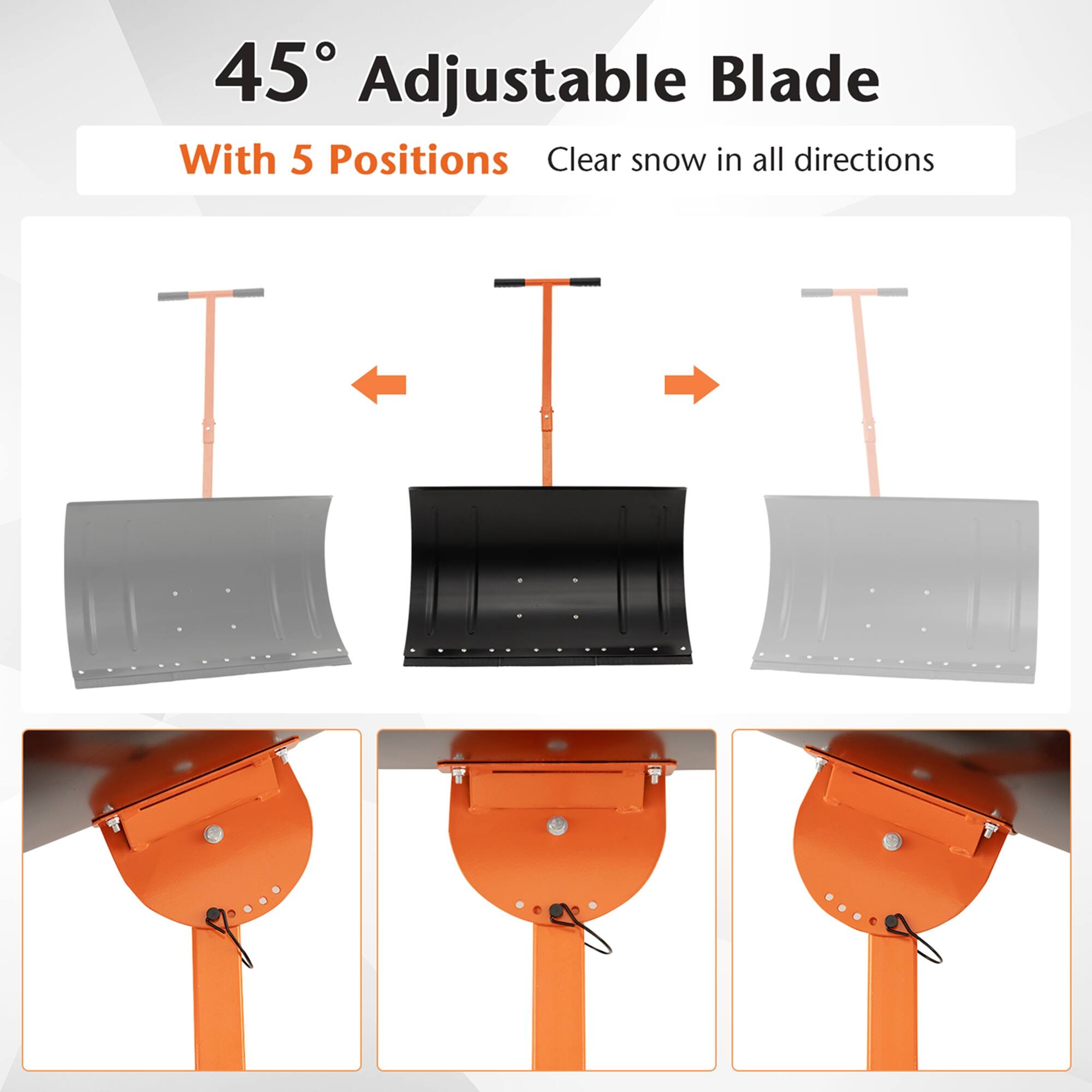 The image features a 45-degree adjustable blade with five positions, designed to clear snow in all directions. The blade is attached to a metal frame, and the image showcases the blade in various positions, demonstrating its versatility and effectiveness in removing snow from different angles. The design of the blade allows for efficient snow removal, making it a useful tool for winter maintenance and clearing snow from driveways, sidewalks, and other areas.