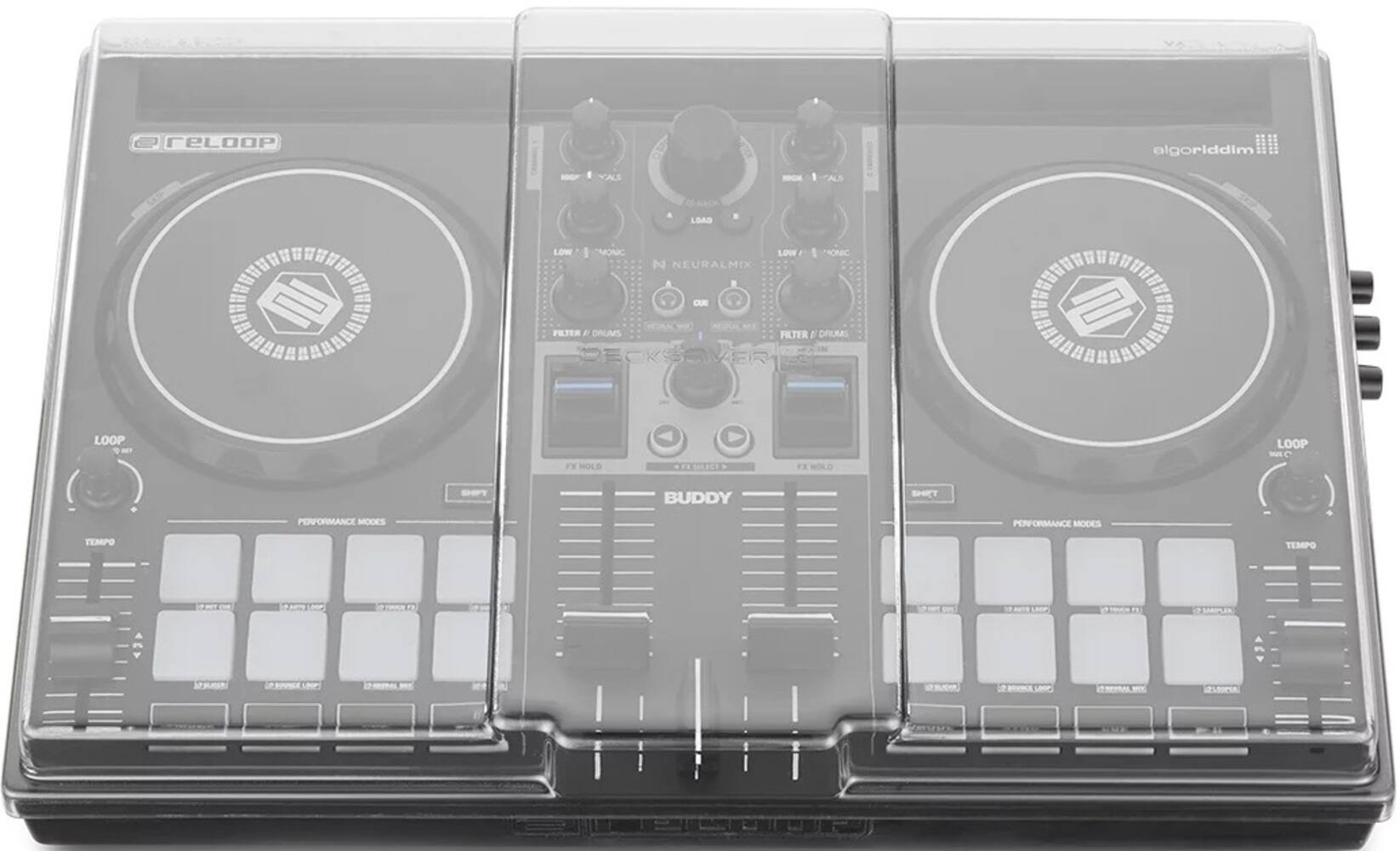 reLoop  
Buddy  

Algorithm  

Left Deck:  
- High / Vals  
- Low / Monic  
- Neural Mix  
- Filter / Drums  
- Loop  
- FX Hold  
- Performance Modes  
- Tempo  

Right Deck:  
- High / Vals  
- Low / Monic  
- Neural Mix  
- Filter / Drums  
- Loop  
- FX Hold  
- Performance Modes  
- Tempo  

Central Section:  
- Deck Saver  
- FX Hold  
- FX Hold  
- Performance Modes  
- Tempo  

Bottom Section:  
- Various buttons and controls for performance modes and effects.