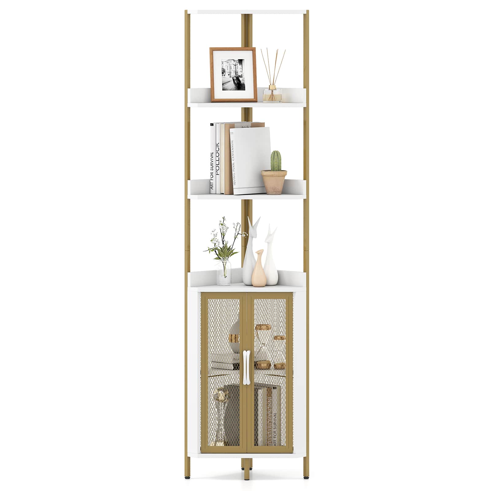 Gymax - 6-Tier Corner Shelf 67'' Tall Corner Bookshelf w/Cabinet & Adjustable Shelf Gold - White