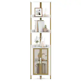 Gymax - 6-Tier Corner Shelf 67'' Tall Corner Bookshelf w/Cabinet & Adjustable Shelf Gold - White