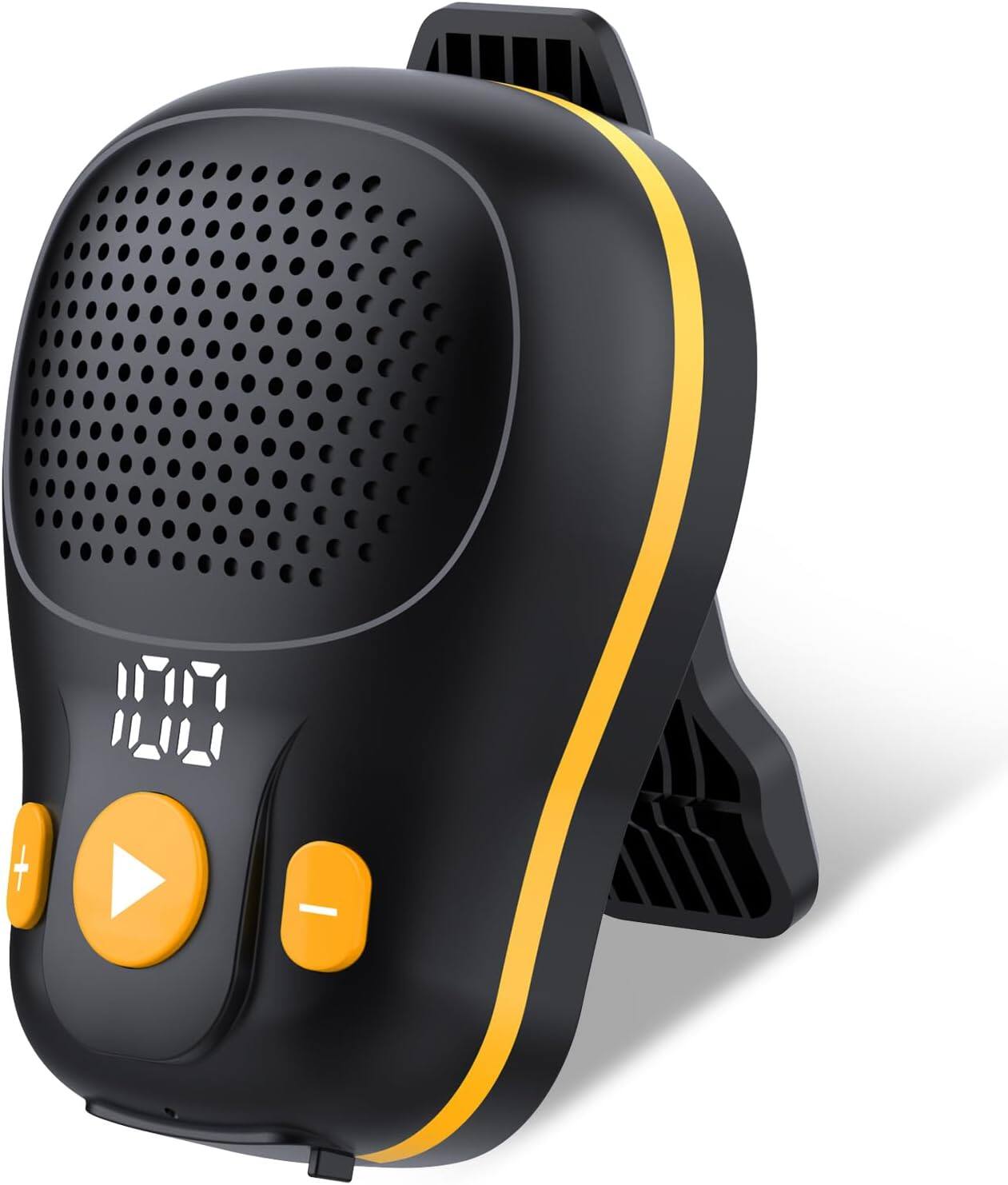 Stamp n Camp - Wearable Bluetooth Speaker, Clip-on Wireless Portable Speakers, IP56 Waterproof Clip Speaker Up to 18 Hours Battery Mic - Black and Yellow