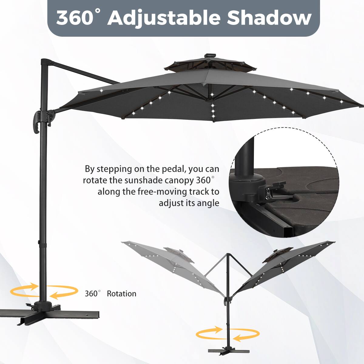 360° Adjustable Shadow

By stepping on the pedal, you can rotate the sunshade canopy 360° along the free-moving track to adjust its angle

360° Rotation
