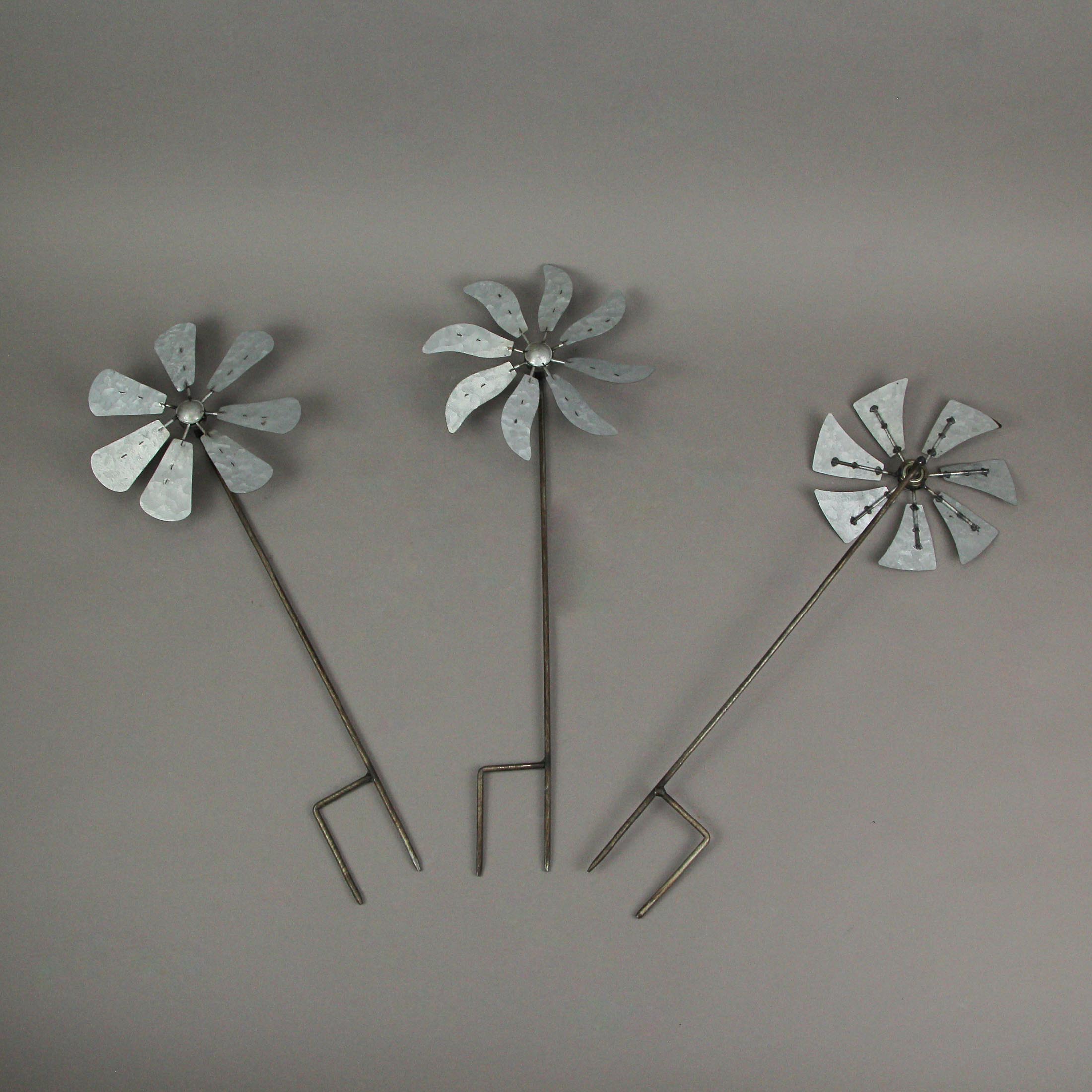 Alt View 1. Zeckos - Set of 3 Metal Kinetic Wind Spinner Pinwheel Garden Stakes 21 Inches High - Grey.