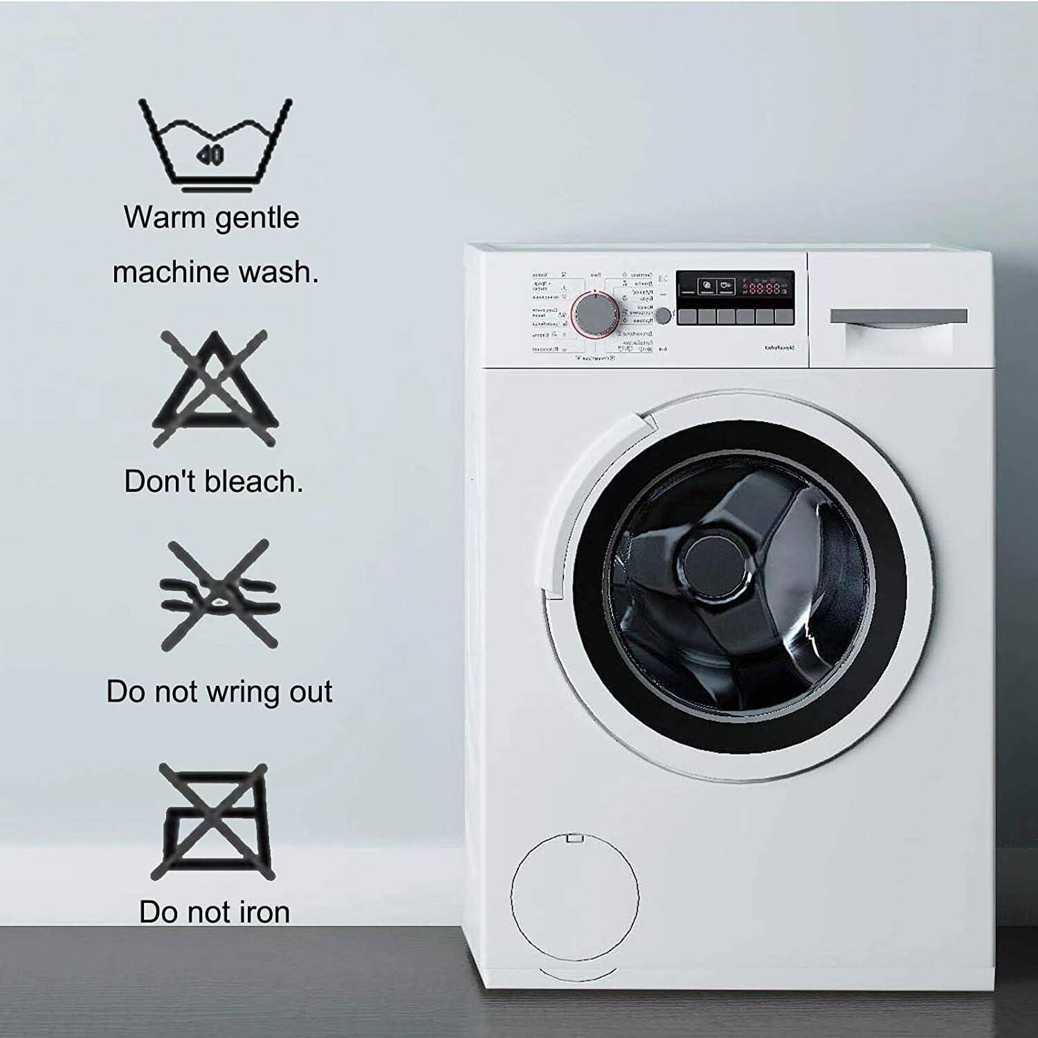 Warm gentle machine wash.  
Don't bleach.  
Do not wring out.  
Do not iron.