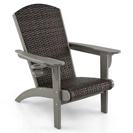 Front. Costway - Patio Adirondack Chair with Rattan Padded Seat Wide Armrests & Hidden Cupholder - Gray,Mix Brown.