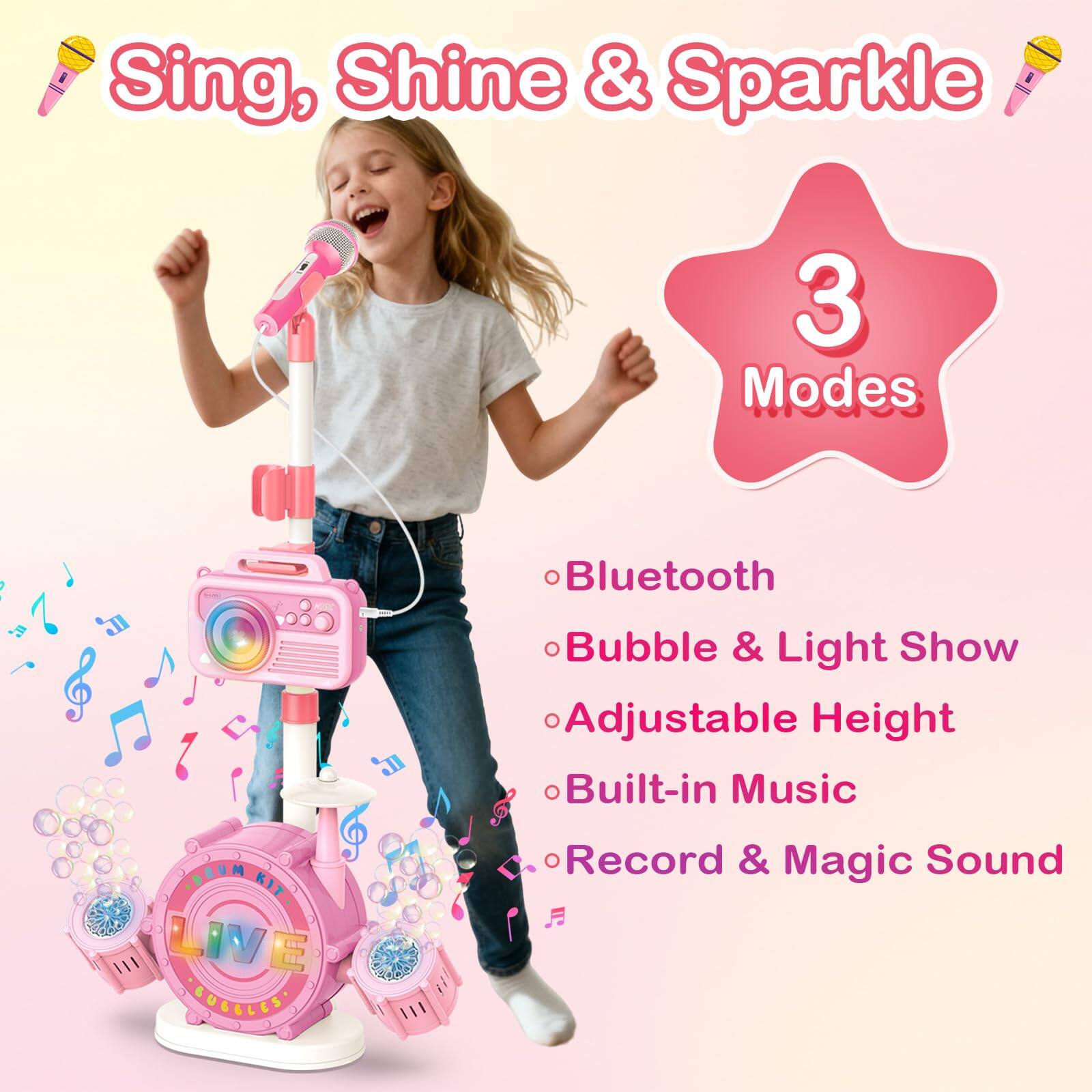 Sing, Shine & Sparkle

3 Modes

- Bluetooth
- Bubble & Light Show
- Adjustable Height
- Built-in Music
- Record & Magic Sound