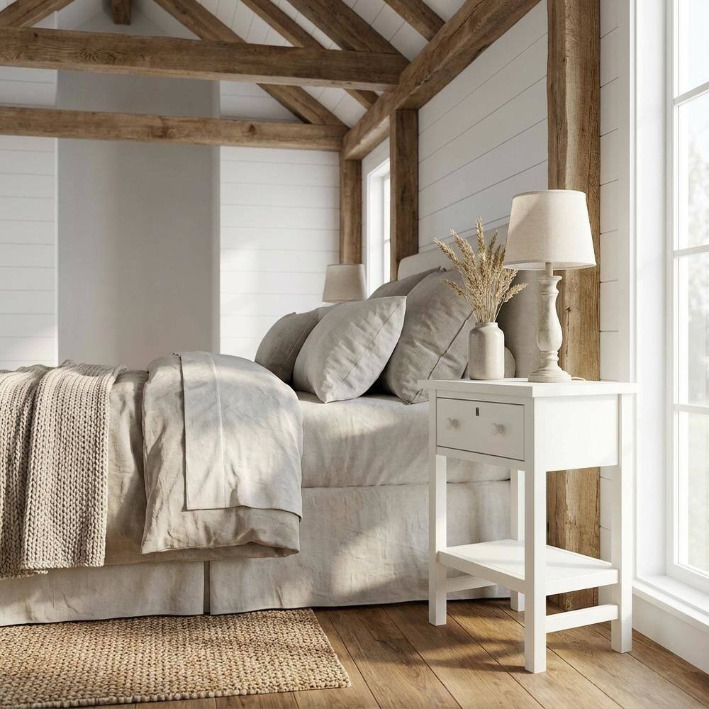 Angle. FurniFact - Antique White Nightstand with 1 Drawer and Casual Distressed Finish - White.