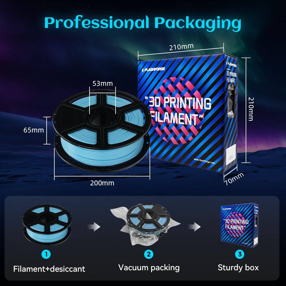 Professional Packaging

210mm x 65mm x 53mm

FLASHFORGE LF FFNTNE FL EET "3D PRINTING FILAMENT" 210mm x 200mm

www.faghforgs.com

70mm x 30

Filament+desiccant Vacuum packing Sturdy box