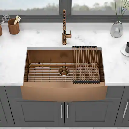 Front. JUJABU - 33 in. Rose Gold Stainless Steel Kitchen Sink 16 gauge Apron Front - Rose Gold.