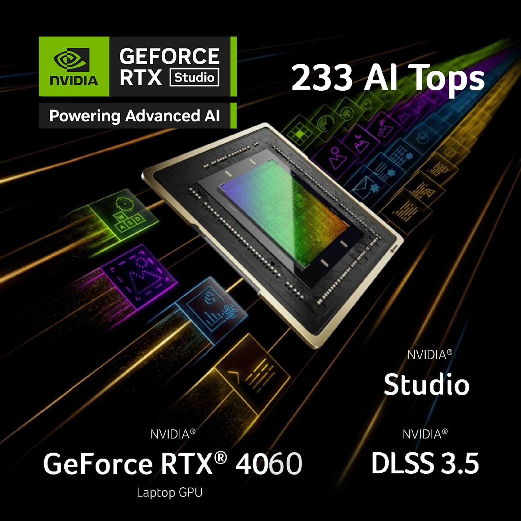 GEFORCE NVIDIA RTX Studio Powering Advanced AI 233 AI Tops W D 5 A u NVIDIA Studio NVIDIA R GeForce RTX 4060 Laptop GPU NVIDIA DLSS 3.5