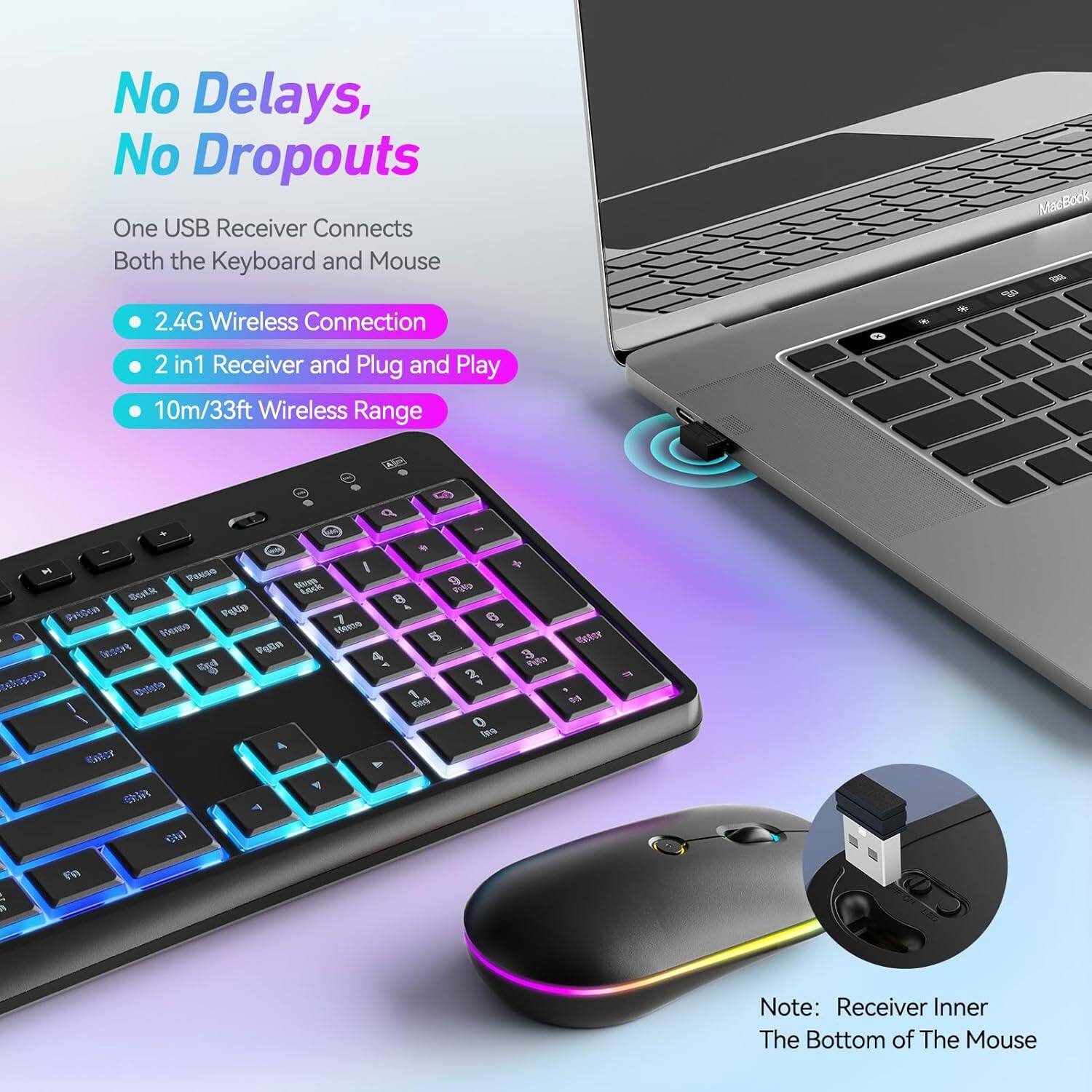 No Delays, No Dropouts

One USB Receiver Connects Both the Keyboard and Mouse

- 2.4G Wireless Connection
- 2 in 1 Receiver and Plug and Play
- 10m/33ft Wireless Range

Note: Receiver Inner The Bottom of The Mouse