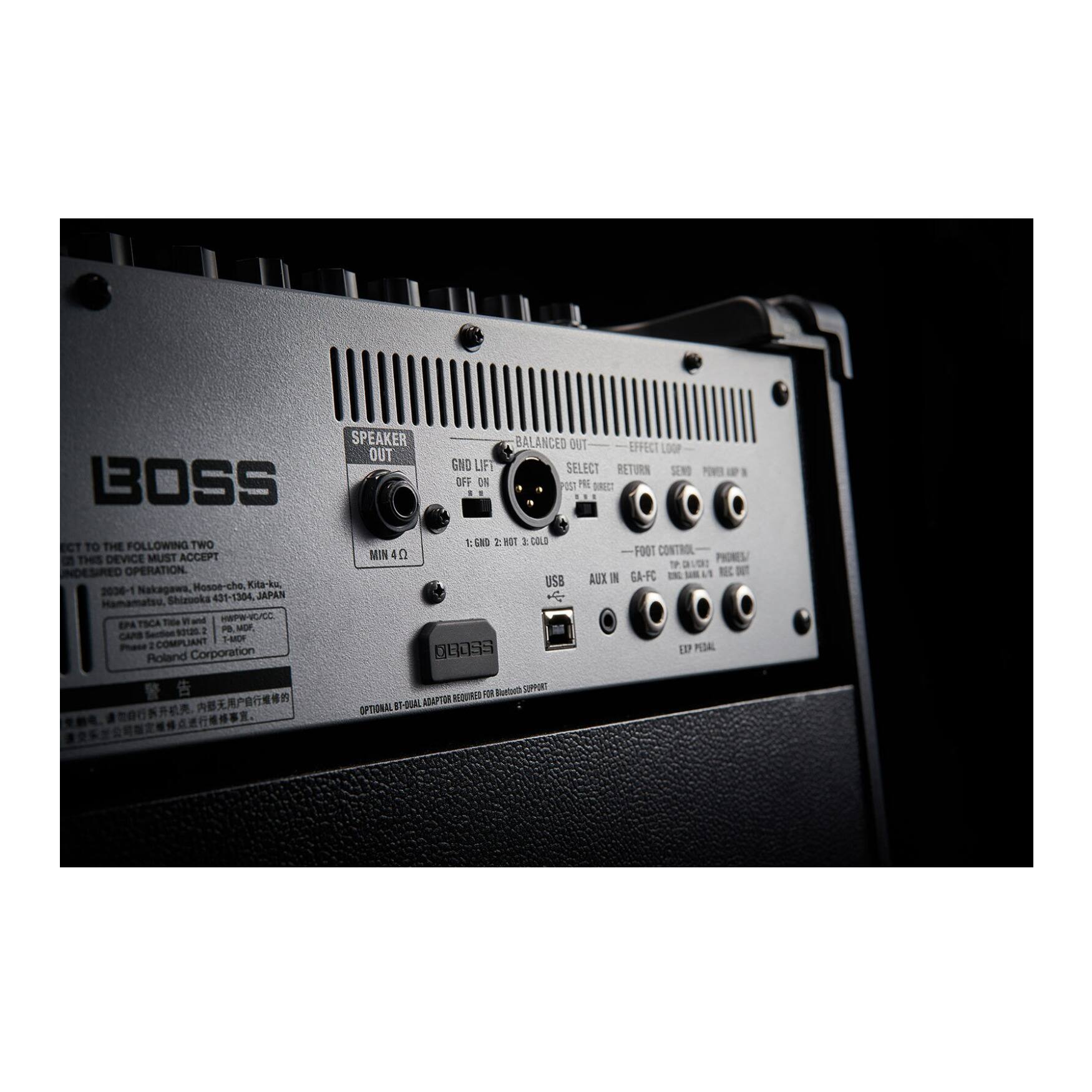 SPEAKER OUT  
BALANCED OUT  
EFFECT LOOP  
GND LIFT  
OFF ON  

SELECT  
RETURN  
SEND  
POWER LAMP  

1: GND 2: HOT 3: COLLECTOR  

MIN 4Ω  

GA-FC 2 USB AUX  
Hosoe-cho, Kita-ku,  
Nakagawa,  
Hamamatsu, Shizuoka  
431-5304, JAPAN  

Roland Corporation  

FOOT CONTROL  
PHONE  
AUX IN  
USB  
AUX IN (6A-FC)  
EXP PEDAL  

OPTIONAL BT-QUAL ADAPTOR REQUIRED FOR Bluetooth SUPPORT  

GA-FC  
EPA TSCA COMPLIANT  
PIDAL  
MOR sO 1 - CAPS - M0F  
Phase COMPLIANT  

This device must accept min 4Ω for desired operation.  

08039