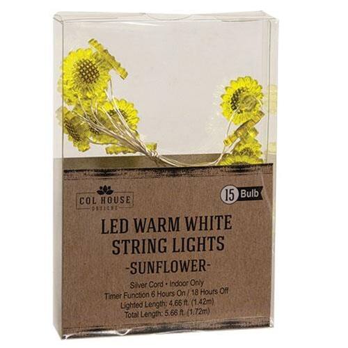 15 Bulb COL HOUSE DTICNS LED WARM WHITE STRING LIGHTS -SUNFLOWER Silver Cord Indoor Only Hours On / 18 Hours Off Timer Function 6 Lighted Length: 4.66 ft. (1.42m) Total Length: 5.66 ft (1.72m)