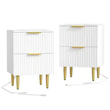 Front. VEGA AUTOMOTIVE - Nightstand Set Of 2 Fluted Night Stand With Charging Station 13 8 D X 15 W 23 2 H 2 Drawers Modern Bedside ... - White.