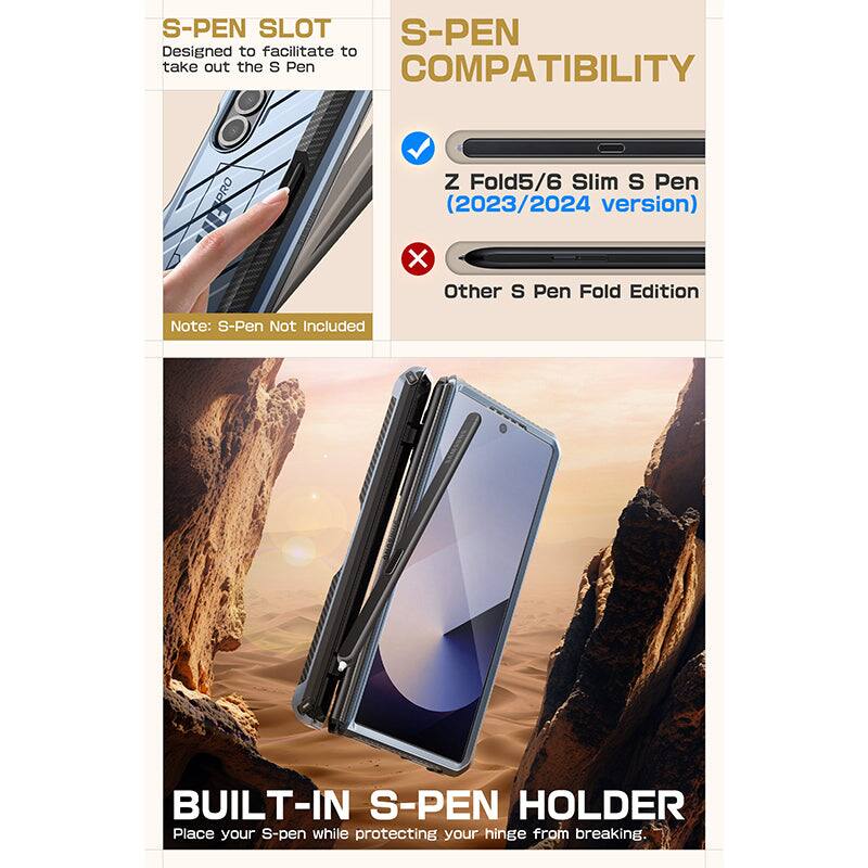 **S-PEN SLOT**  
Designed to facilitate taking out the S Pen

**S-PEN COMPATIBILITY**  
- Z Fold5/6 Slim S Pen (2023/2024 version) ✓  
- Other S Pen Fold Edition ❌  

Note: S-Pen Not Included

**BUILT-IN S-PEN HOLDER**  
Place your S-pen while protecting your hinge from breaking.