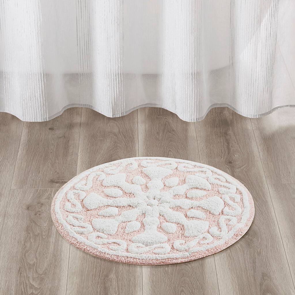 Front. APRILSOUL - Medallion Cotton Tufted Bath Rug - Pink.
