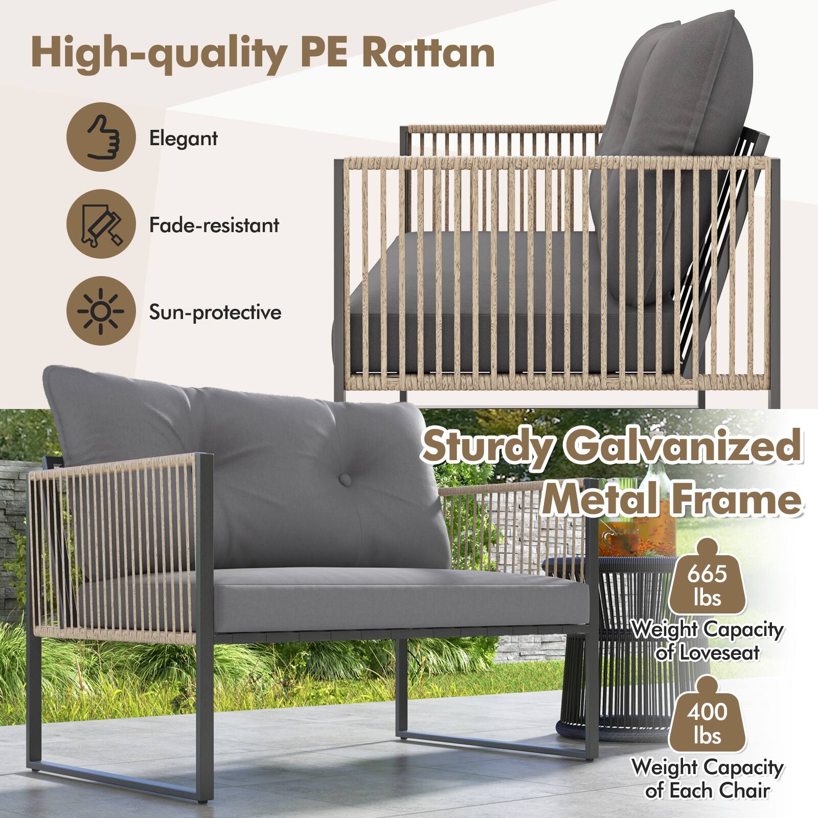 High-quality PE Rattan Elegant Fade-resistant Sun-protective Sturdy Galvanized Metal Frame 665 lbs Weight Capacity of Loveseat 400 lbs Weight Capacity of Each Chair