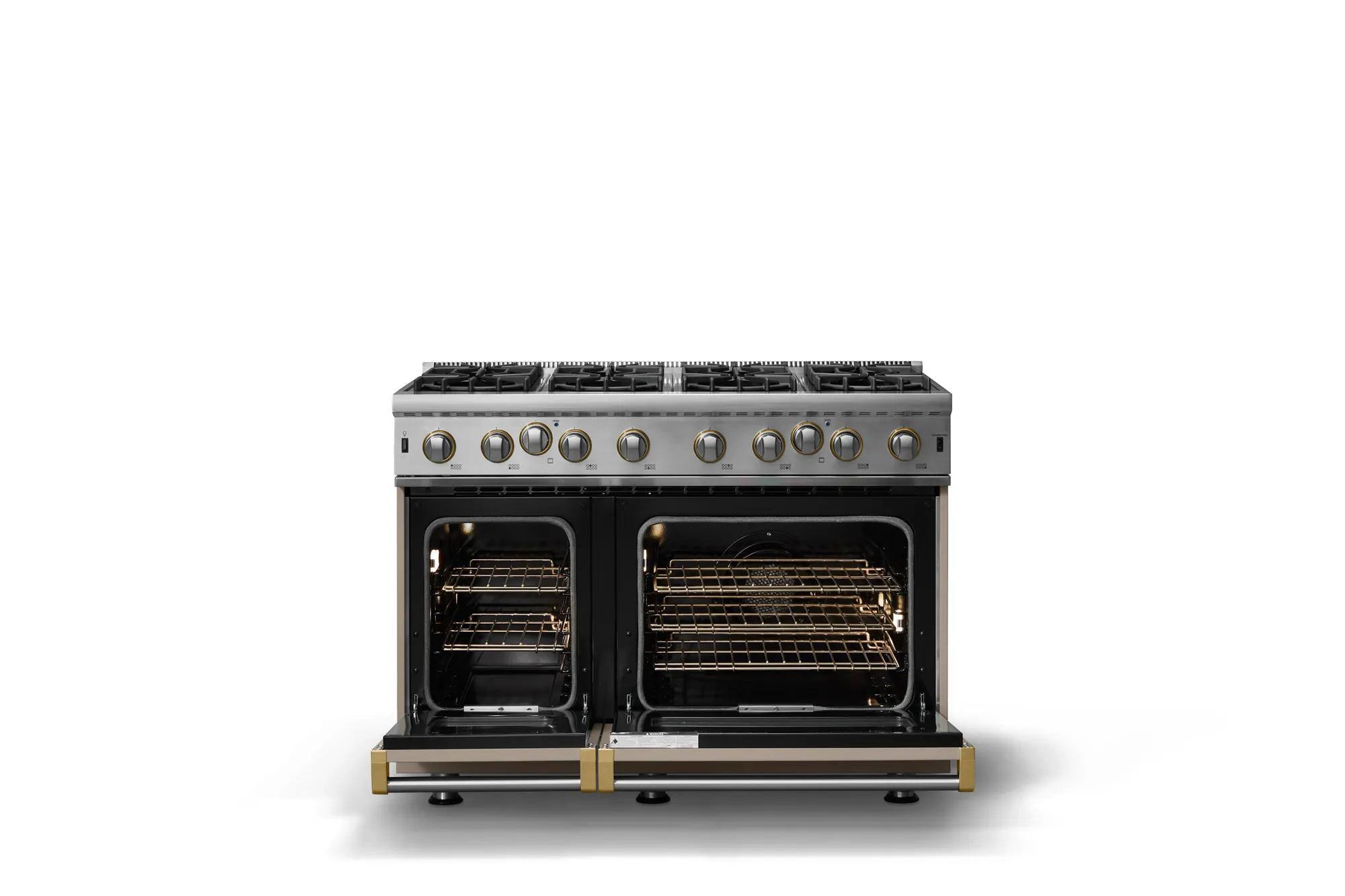 Alt View 1. Viking - Pro 5 Series 6.1 Cu. Ft. Freestanding Open 8 Burner Gas Convection Range - Nantucket w. Brushed Brass - Nantucket.