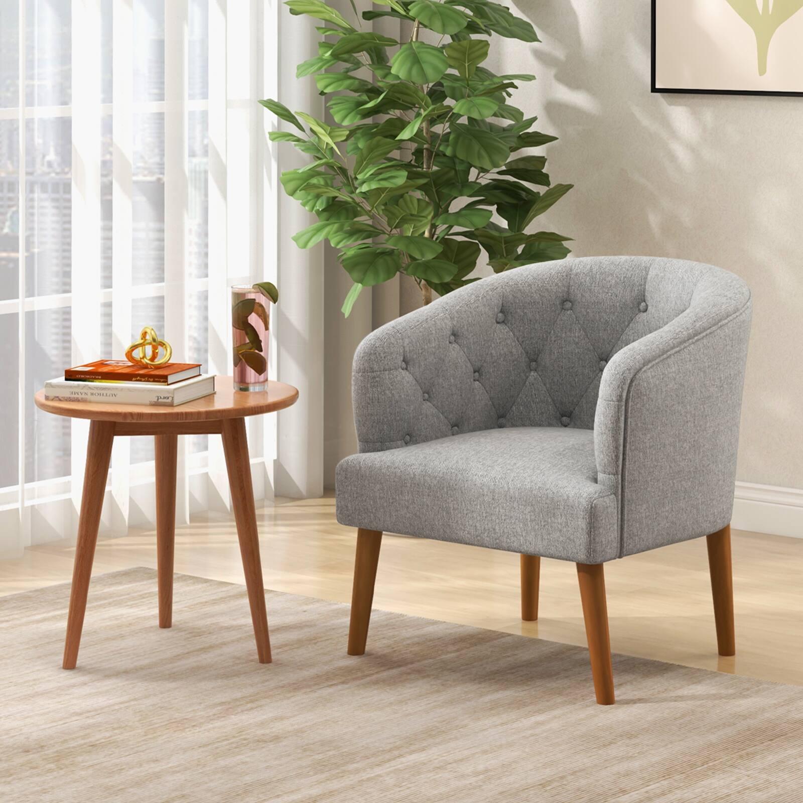 Angle. Costway - Upholstered Comfy Accent Chair with Rubber Wood Legs - Gray.
