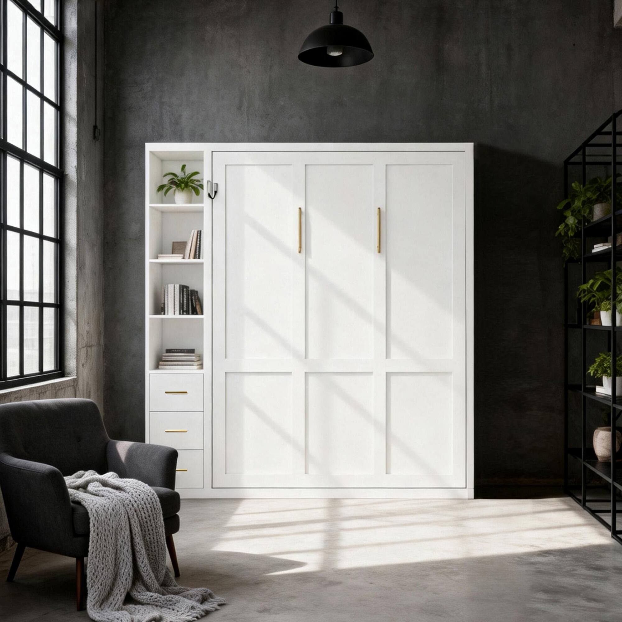 Back. Anysun - Queen Murphy Wall Bed with Side Cabinet - Invisible Space-Saving Bed Frame, Automatic Mechanism - White.