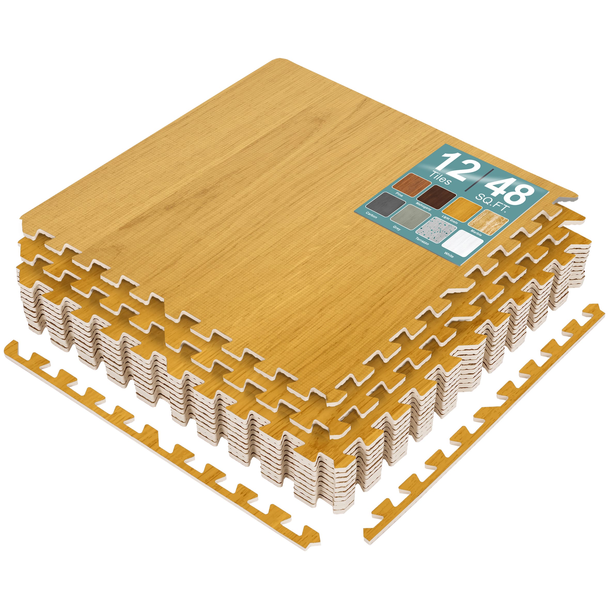 Sorbus - 48 Sq. Ft. Wood Grain Floor Tiles Foam Mat EVA Interlocking Mats Tile 3/8-Inch Thick Flooring Wood Mats w/Borders - Golden Brown