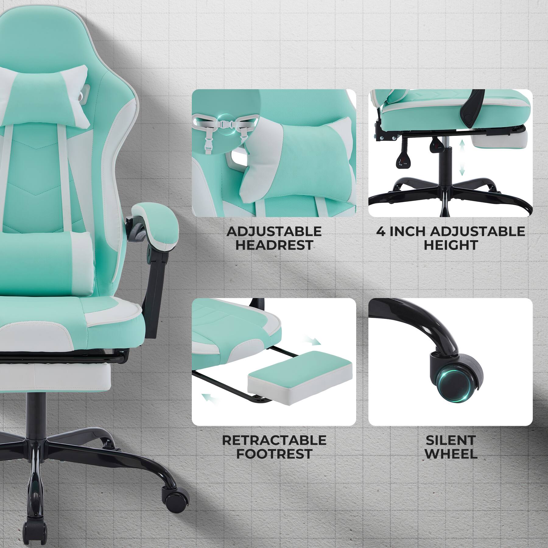 - Adjustable Headrest
- 4 Inch Adjustable Height
- Retractable Footrest
- Silent Wheel
