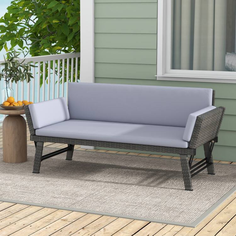 Left. SlickBlue - Outdoor Convertible Sofa Daybed with Adjustable Armrests for Balcony or Patio - Grey.