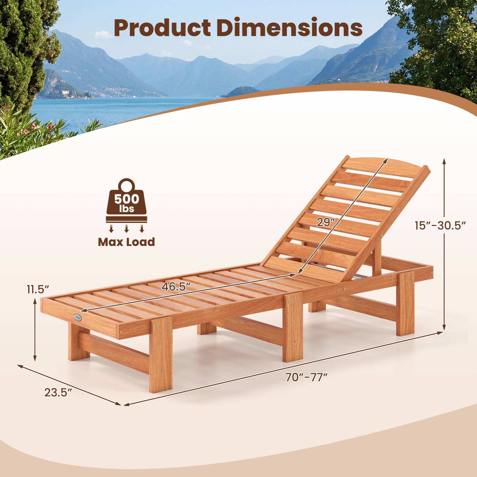 Product Dimensions  
500 lbs Max Load  
29"  
15"-30.5"  
11.5"  
46.5"  
23.5"  
70"-77"