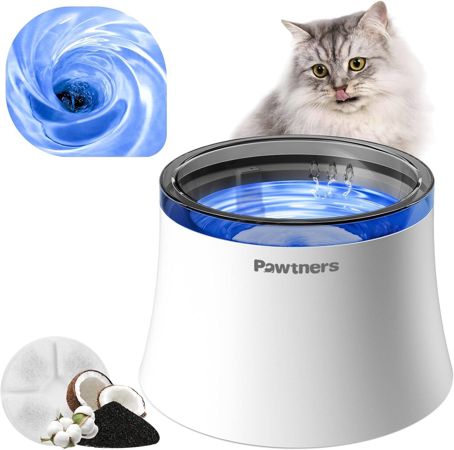Front. Pawtners - Cat Water Fountain with Vortex Filter, 3.5L No-Spill Dispenser for Cats & Small Dogs, Ultra-Quiet Pump, Easy to Clean - White and Grey.