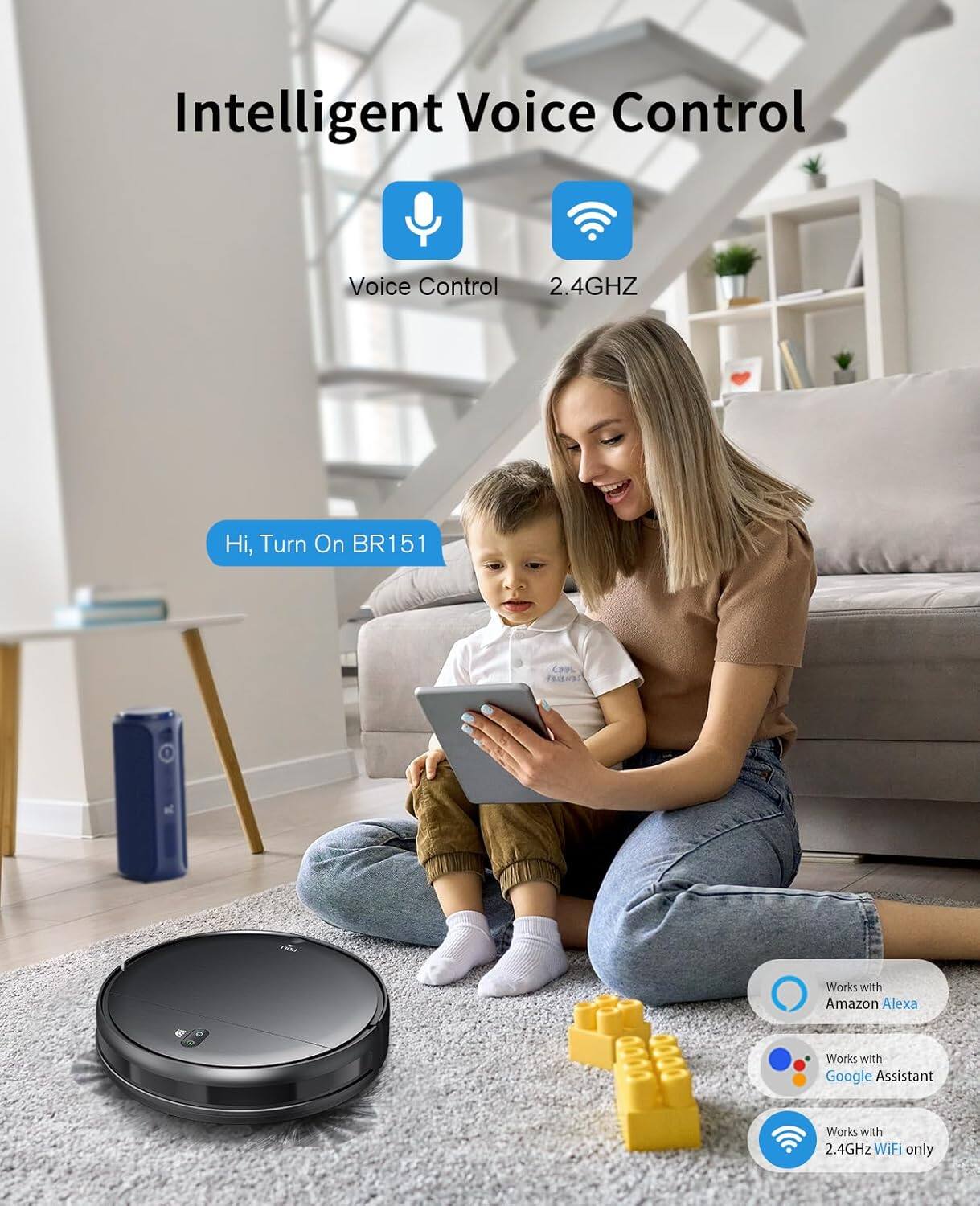 Intelligent Voice Control, Voice Control, 2.4GHZ, Hi, Turn On BR151, Works with Amazon Alexa, Works with Google Assistant, Works with 2.4GHz WiFi only
