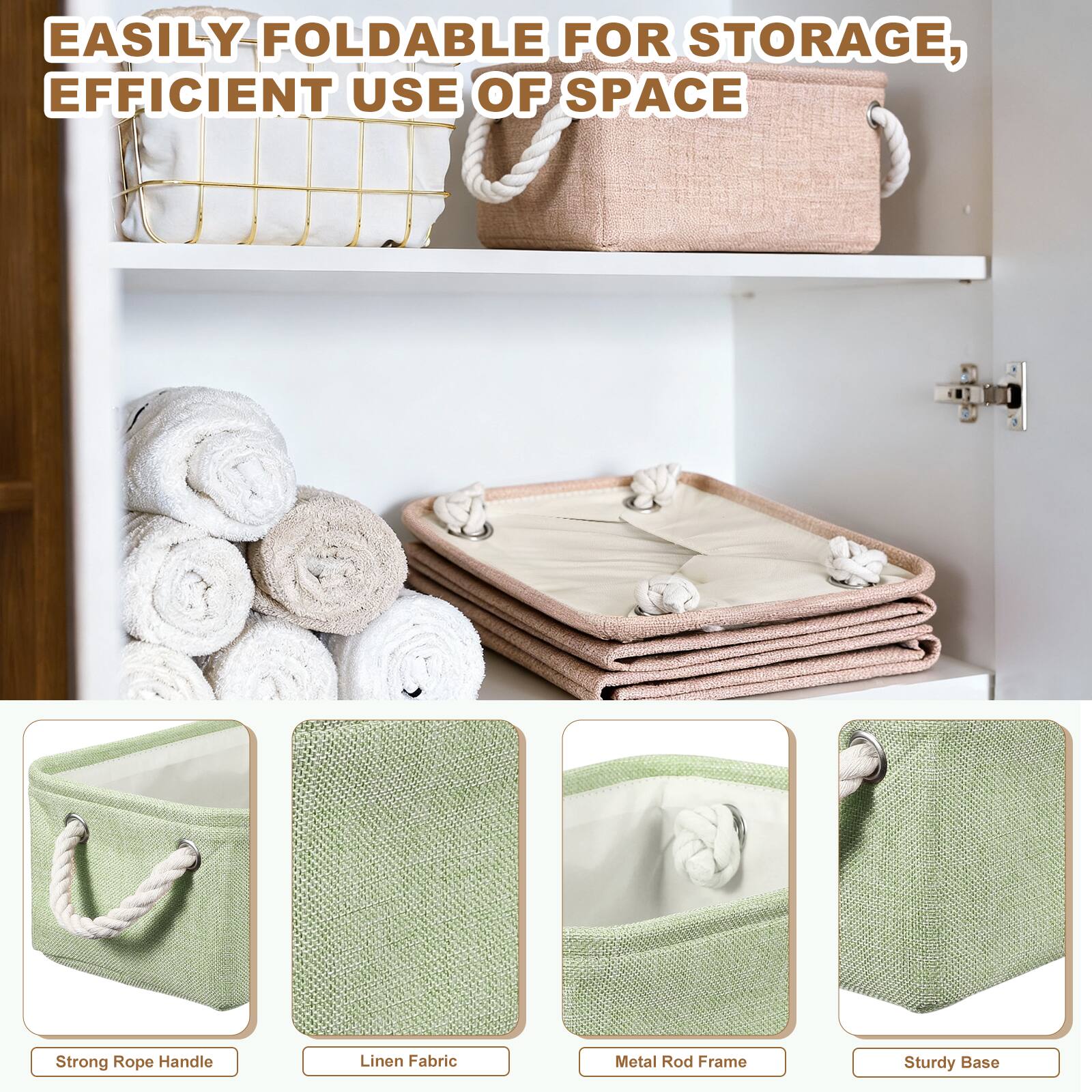 EASILY FOLDABLE FOR STORAGE, EFFICIENT USE OF SPACE

Strong Rope Handle
Linen Fabric
Metal Rod Frame
Sturdy Base